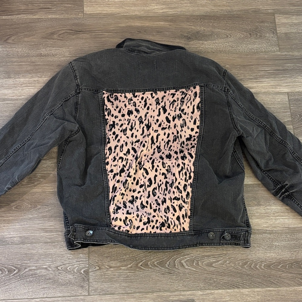 Black Denim Jacket with Leopard Print Back